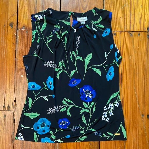 Calvin Klein Janice Pleated Neck Knit Top Size L Sleeveless Black Floral Career - Picture 12 of 13